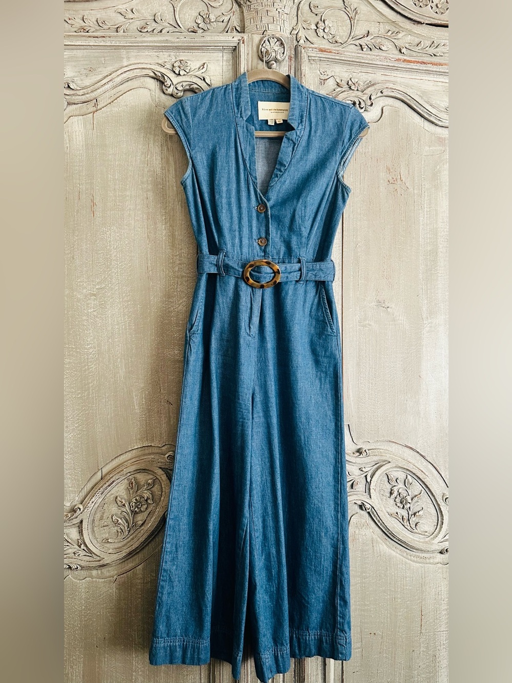 Pilcro Anthropologie Denim Wide Leg Cropped V-Neck Belted Jumpsuit Size 00
